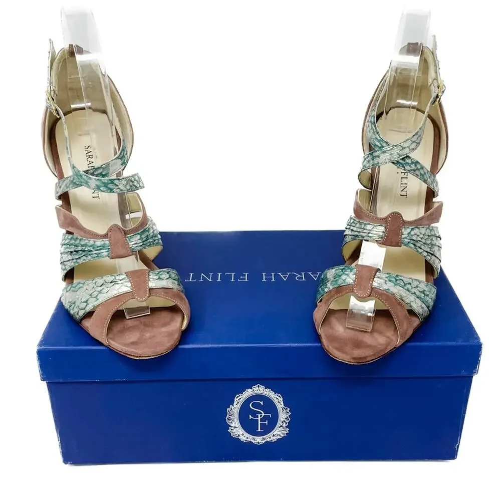 Sarah Flint Vilma Suede & Snakeskin Sandals aqua mauve gold size 37 US7